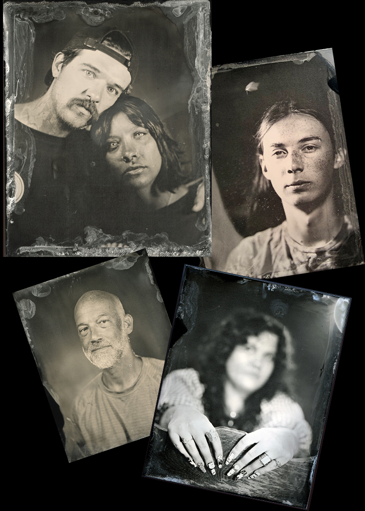 Four illustrative wet-plate tintype portraits arranged on a dark studio surface.
