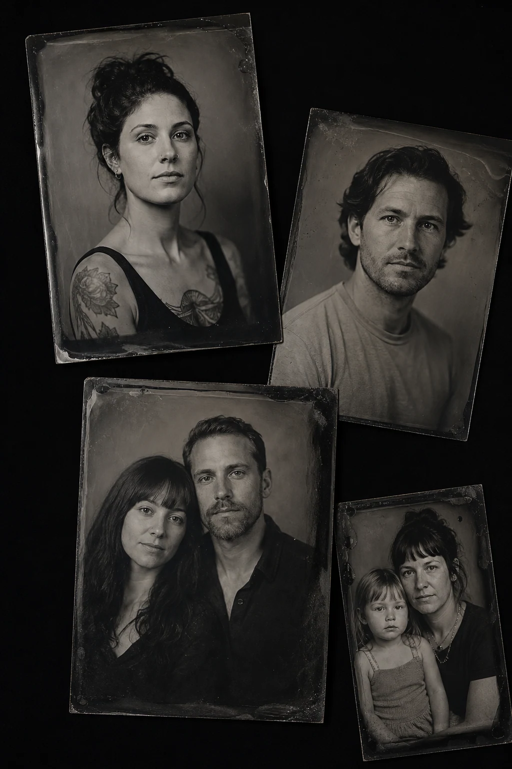 Four illustrative wet-plate tintype portraits arranged on a dark studio surface.